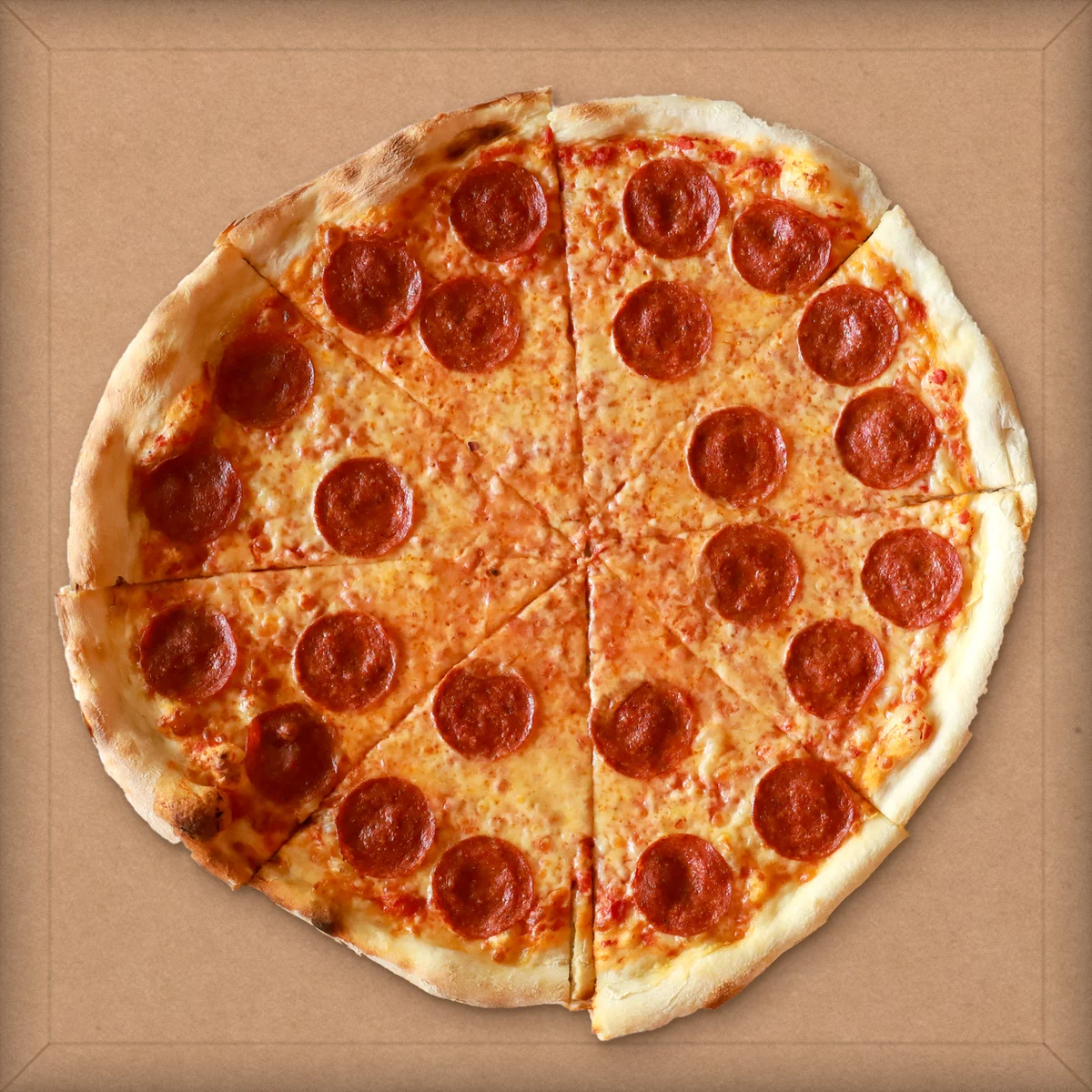 A whole hand-stretched New York-style pepperoni pizza in an NY Slice box