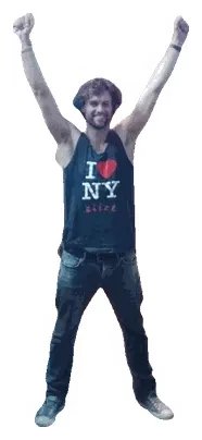 Mark, cut out like a sticker, arms in the air