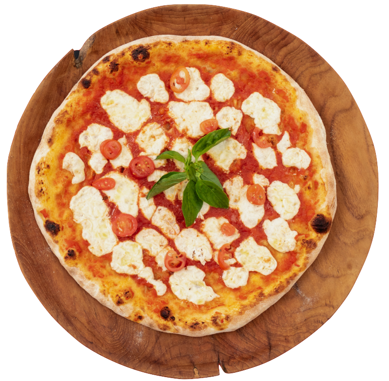 Burrata and rocket pizza with fresh mozzarella, cherry tomatoes, and basil on a wooden board – NY Slice Pizza