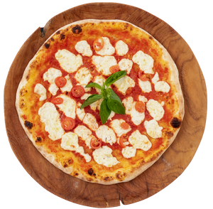Burrata and rocket pizza with fresh mozzarella, cherry tomatoes, and basil on a wooden board – NY Slice Pizza