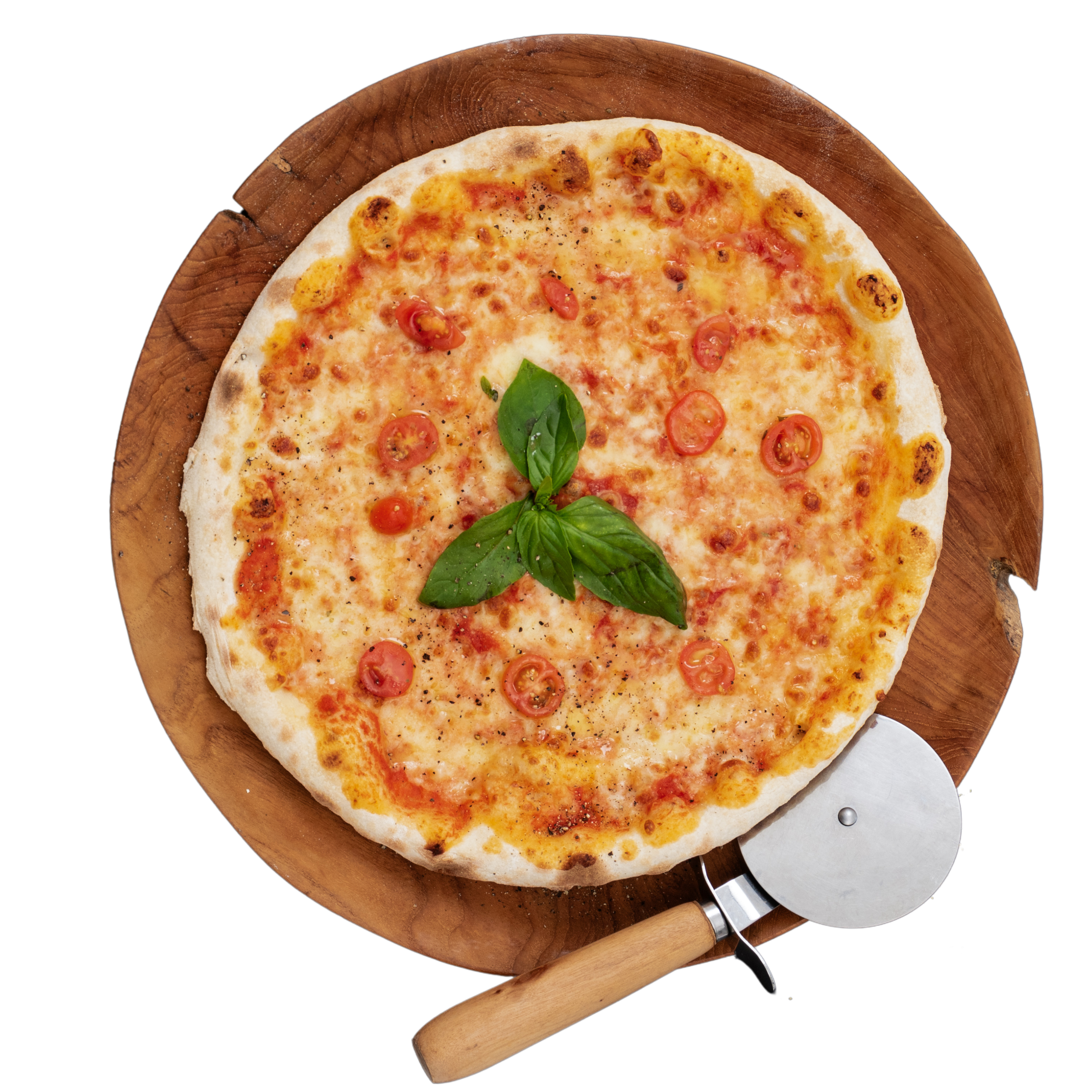 Manhattan New York-style pizza with tomato sauce, mozzarella, cherry tomatoes, and fresh basil on a wooden board – NY Slice Pizza