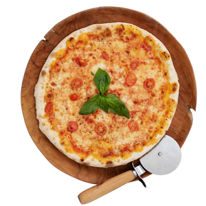 Manhattan New York-style pizza with tomato sauce, mozzarella, cherry tomatoes, and fresh basil on a wooden board – NY Slice Pizza