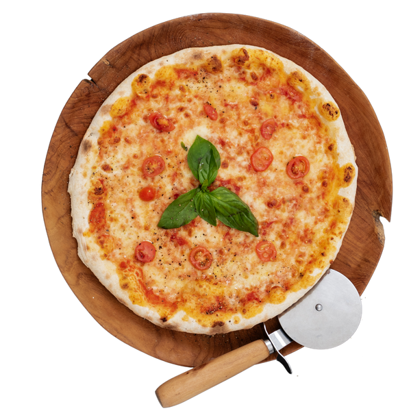 Manhattan New York-style pizza with tomato sauce, mozzarella, cherry tomatoes, and fresh basil on a wooden board – NY Slice Pizza