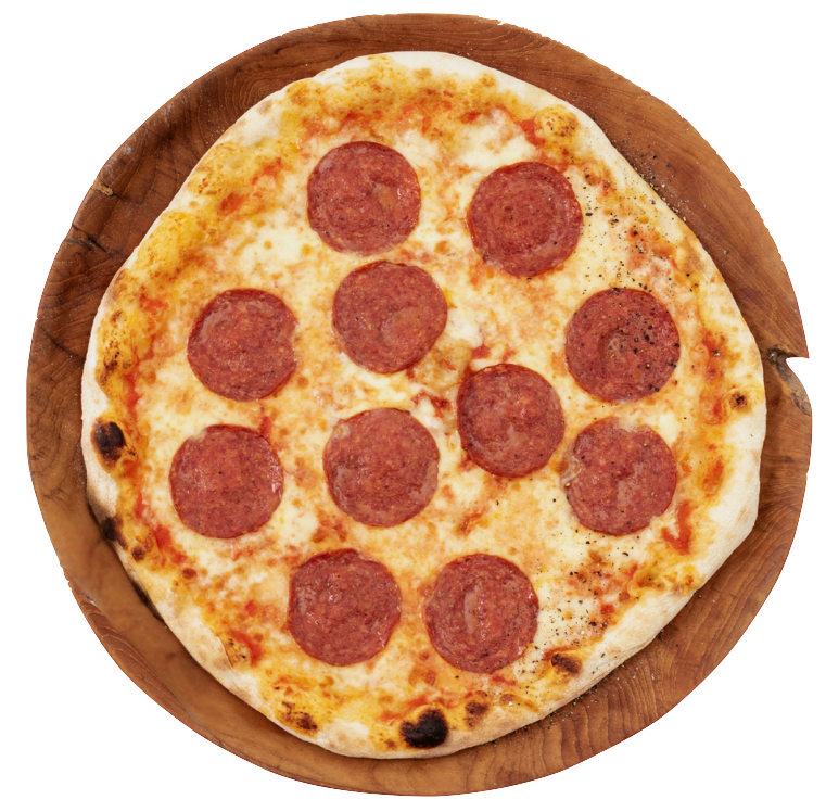 Pepperoni pizza with spicy New York pepperoni and melted mozzarella on a wooden board – NY Slice Pizza