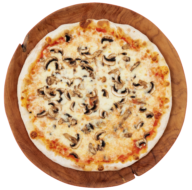Queens mushroom pizza with mozzarella and oregano on a wooden board – NY Slice Pizza